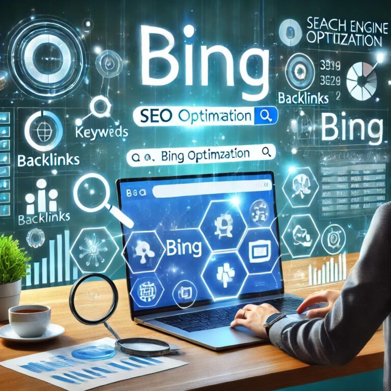 DALL·E 2025-03-16 15.32.10 - A professional digital illustration showcasing Bing SEO optimization tips. The image features a laptop screen displaying Bing search results, with SEO